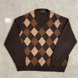 Men's TASSO ELBA Brown Beige PURE CASHMERE Knit ARGYLE V-Neck LUXURY SWEATER XL